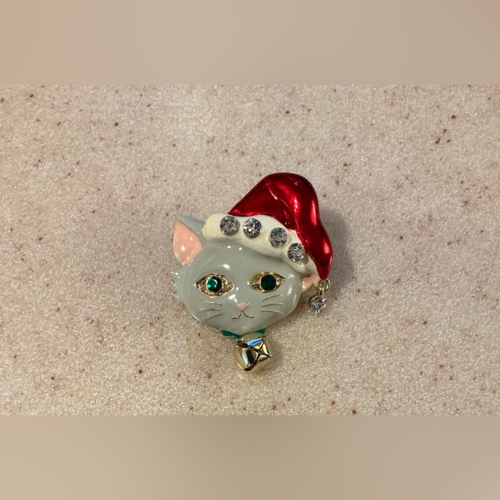 Festive Cat Brooch with Red Hat